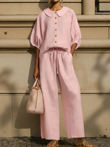 Fashionable Collar Shirt And Wide-Leg Pants Linen Two-Piece Set
