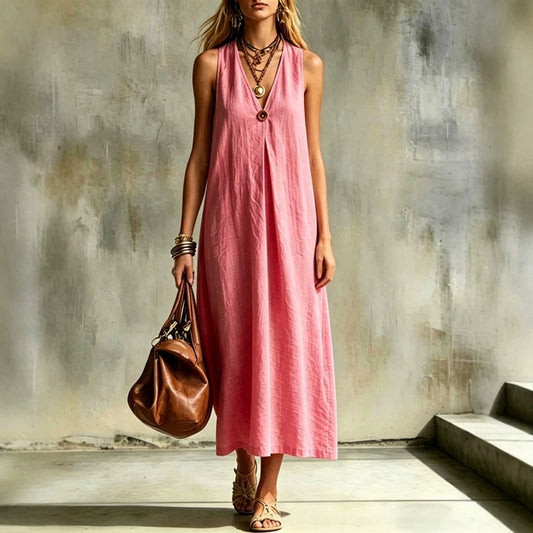 Cotton-Linen Loose V-Neck Single-Buckle Long Sleeveless Dress