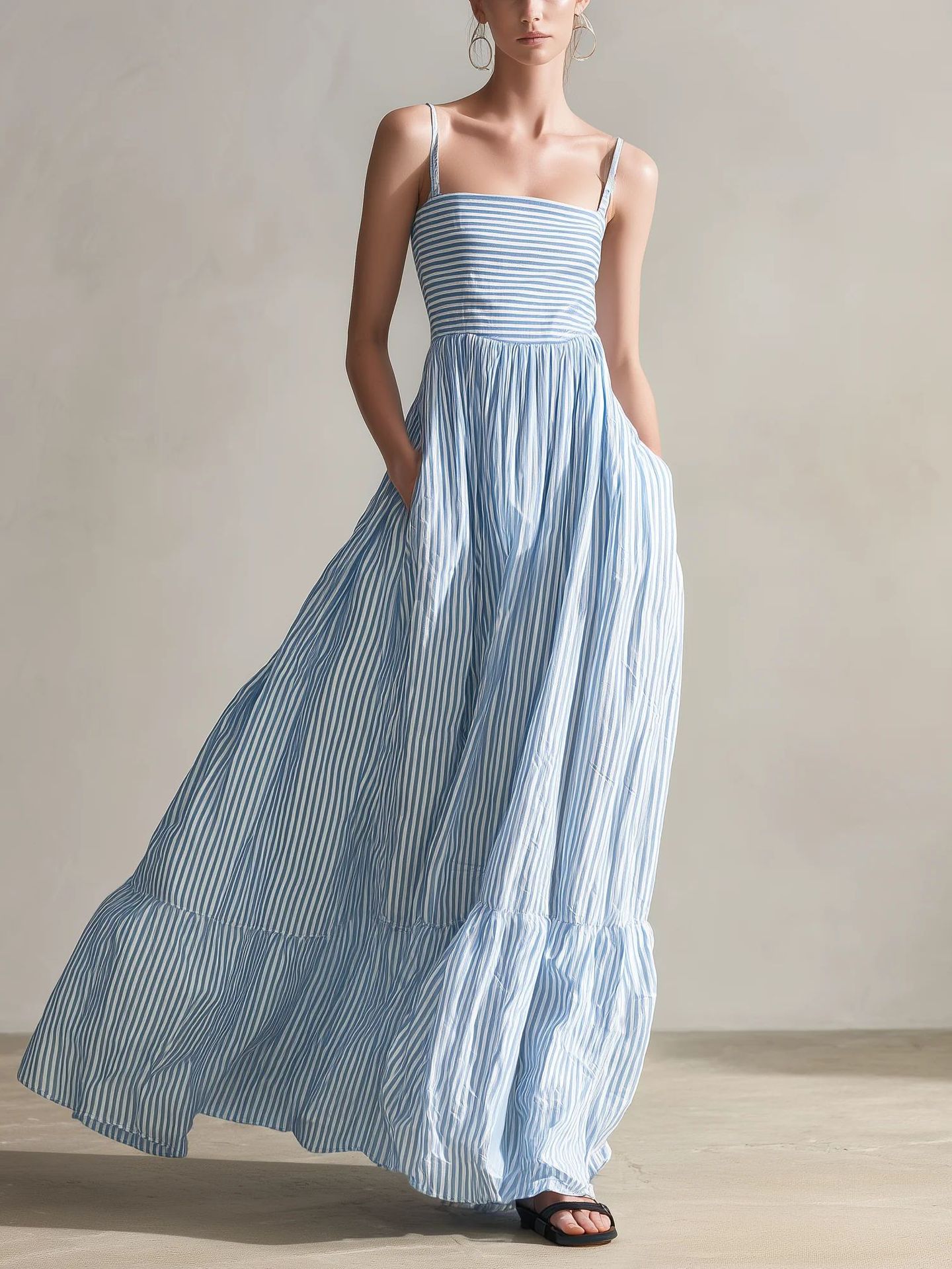 Striped Woven Sleeveless Long Dress With Thin Straps