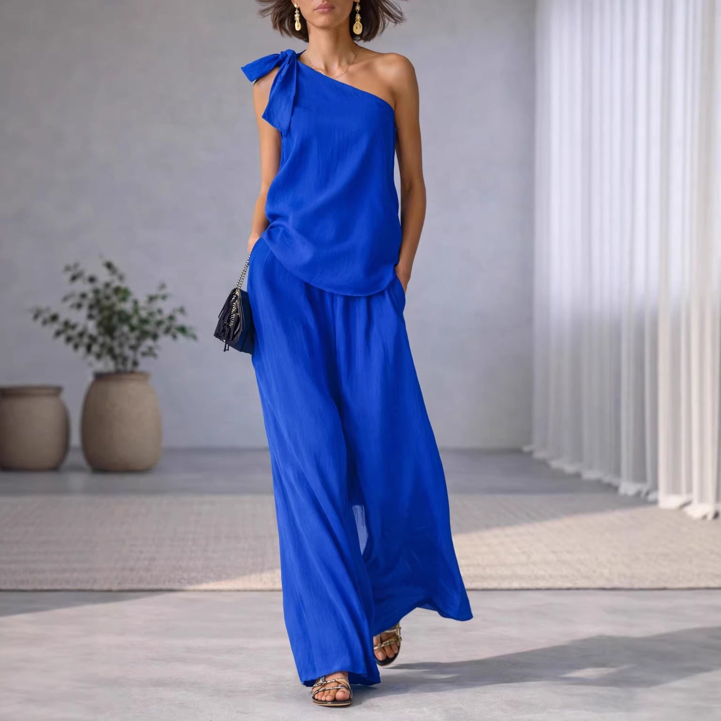 Sleeveless One-shoulder Top With Tie Detail And Wide-leg Pants