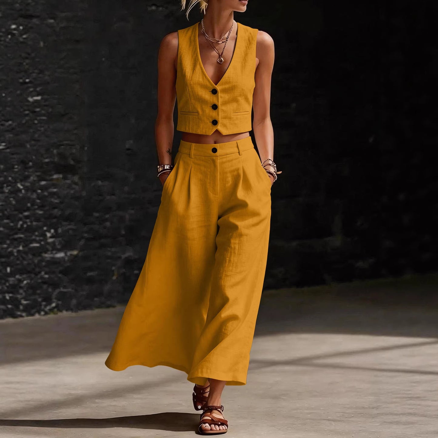 Womens Short V-Neck Vest And Wide-Leg Pants Set