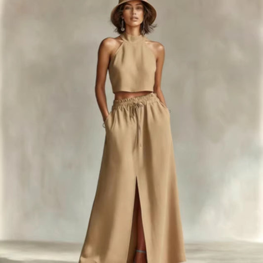 Neck-hanging Sleeveless Top High-waisted Split Wide-leg Long Skirt Two-piece Set