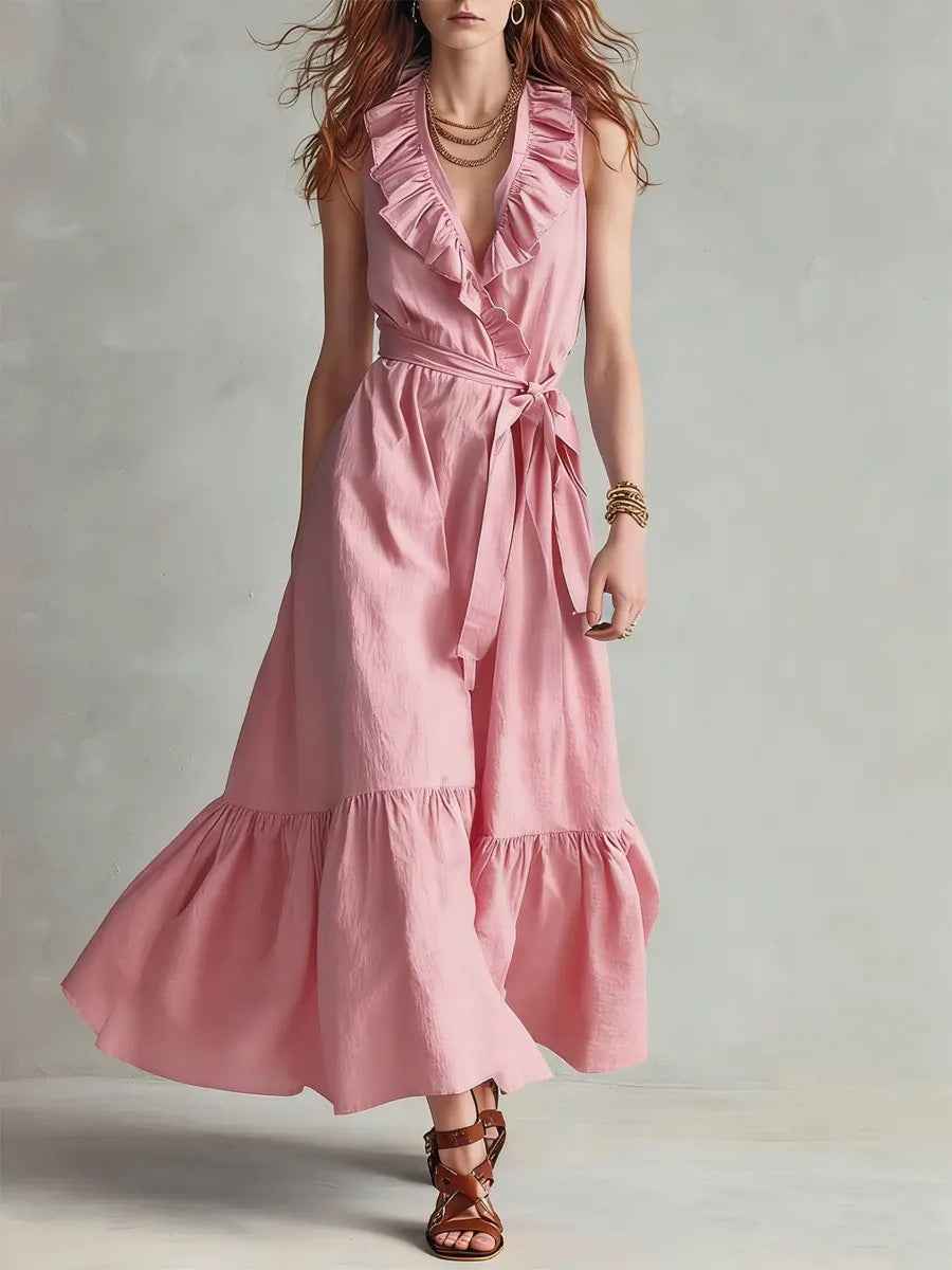 V-neck Sleeveless Lace-Up Panelled Dress
