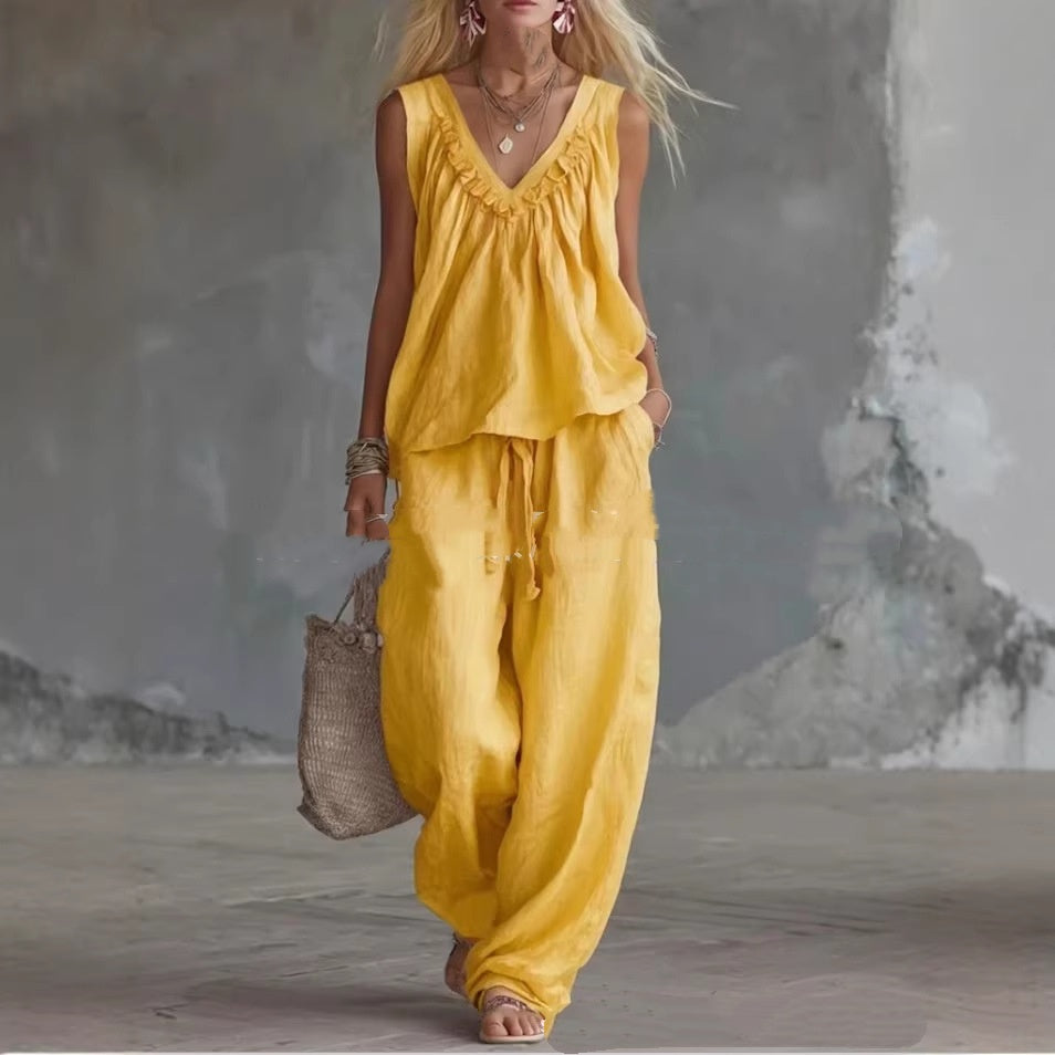 Casual Cotton Sleeveless Ruffle-Trim Top Set