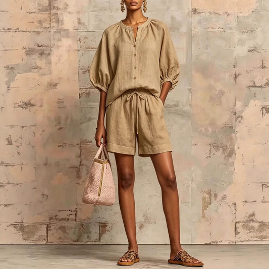 Fashionable Cotton-Linen Lantern-Sleeve Shirt And Mid-Waist Drawstring Shorts Set