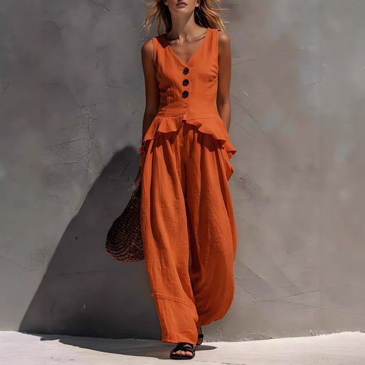 Sleeveless V-neck Ruffled Tank Top Draping Wide-leg Pants Two-piece Set