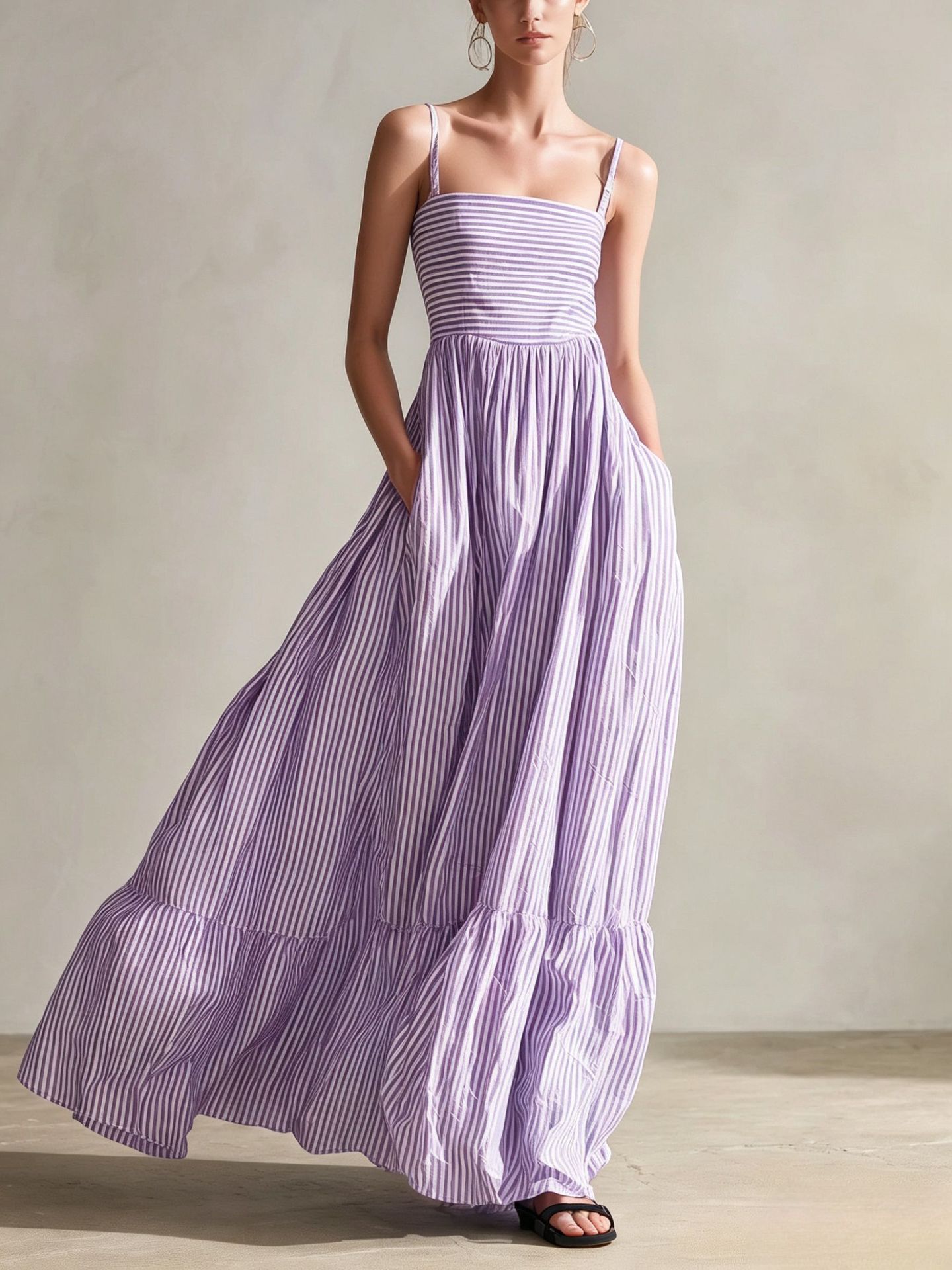 Striped Woven Sleeveless Long Dress With Thin Straps