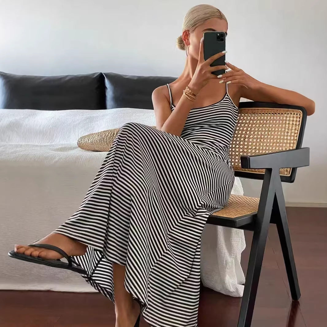 Fashionable Short-Sleeve Tank Top Backless Striped Slip Dress
