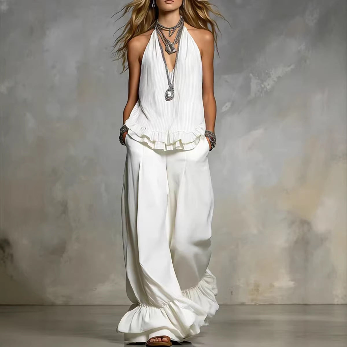 Women's Casual V-Neck Fashionable Ruffle Trim Set