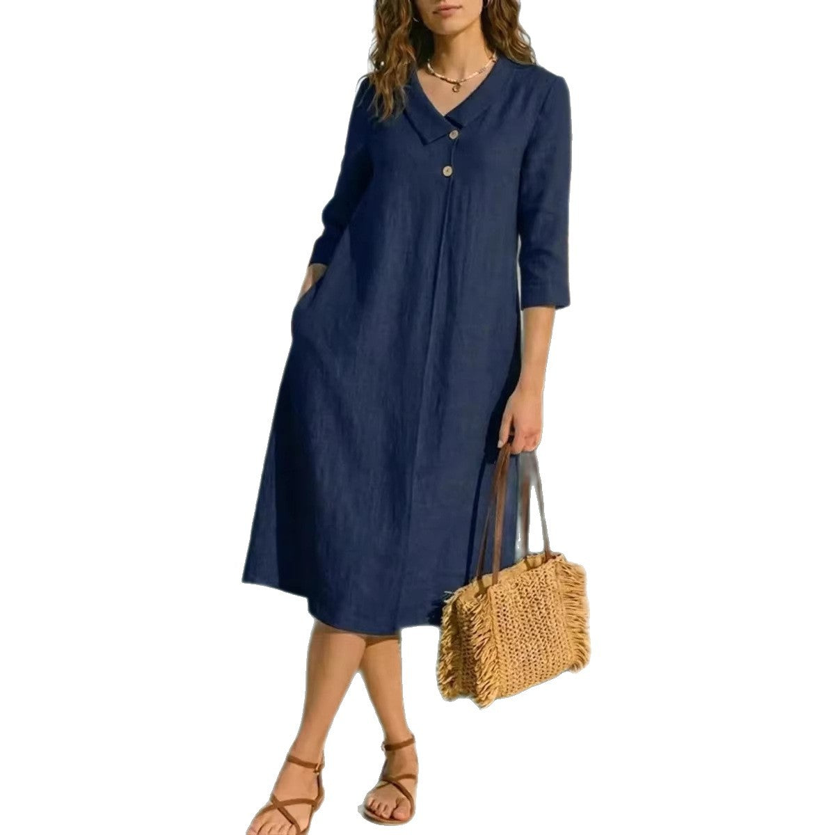 Womens Linen Irregular Suit-Style Collar Dress