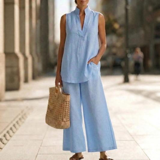 Women's Sleeveless V-Neck Casual Cotton And Linen Set