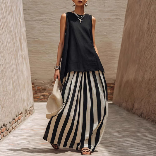 Sleeveless Striped Fashionable Vacation Set