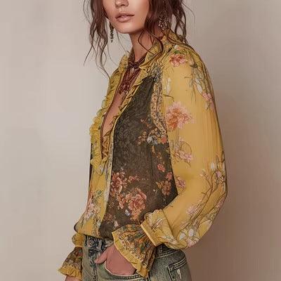 Zip-front Pleated Floral Chiffon Blouse