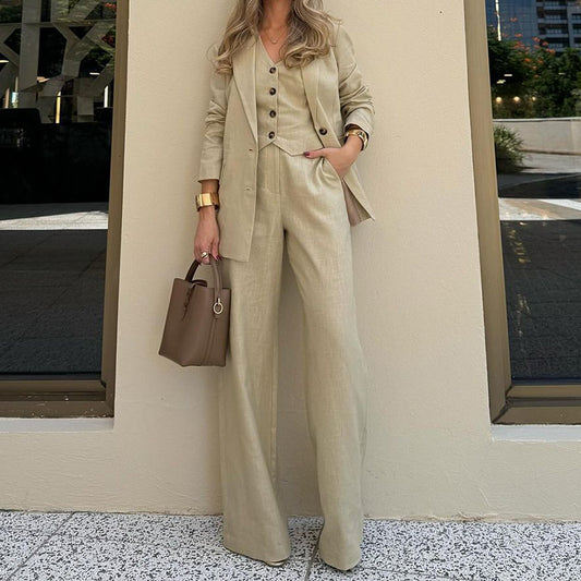 Fashionable Chic Solid-Colored Blazer Vest Wide-Leg Pants Three-Piece Suit Set