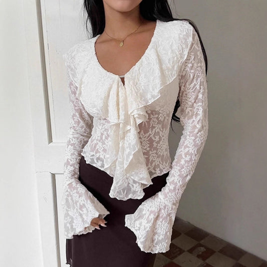 Womens Solid-Color French Style Flared-Sleeve Ruffle-Trim Shirt