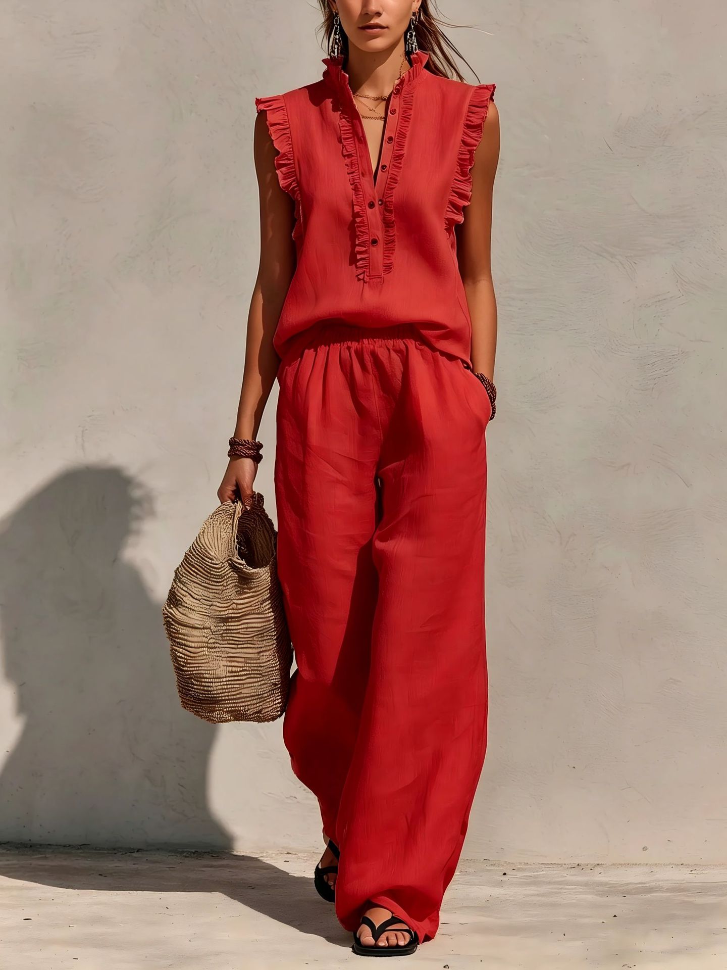Sleeveless Ruffled V-neck Top And Elastic-waist Wide-leg Pants