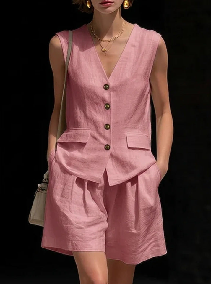 Womens Simple Elegant Cotton-Linen Vest Top And Shorts Two-Piece Set