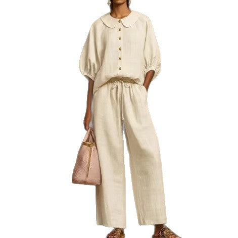Fashionable Collar Shirt And Wide-Leg Pants Linen Two-Piece Set