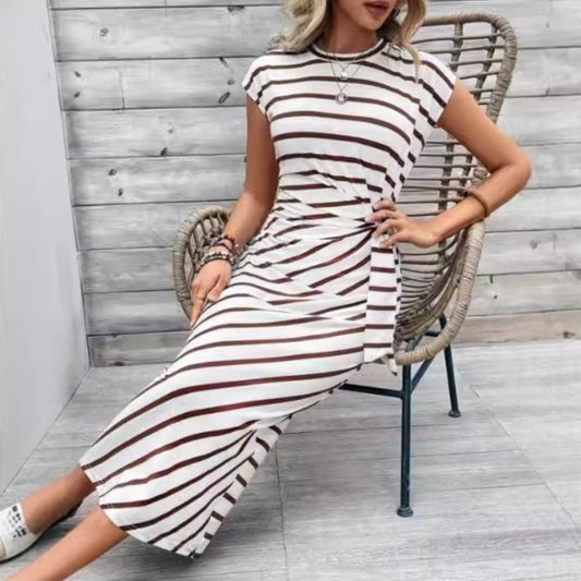 Waist Strap Striped Round Neck Short Sleeve And Long Pattern Dress