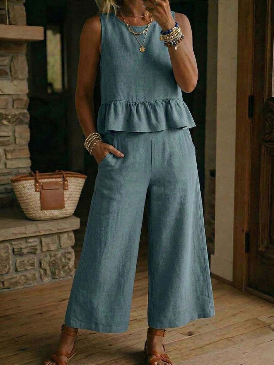 Womens Ruffled Hem Sleeveless Tank Top And Cropped Pants Cotton-Linen Set