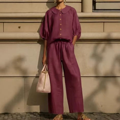 Fashionable Collar Shirt And Wide-Leg Pants Linen Two-Piece Set
