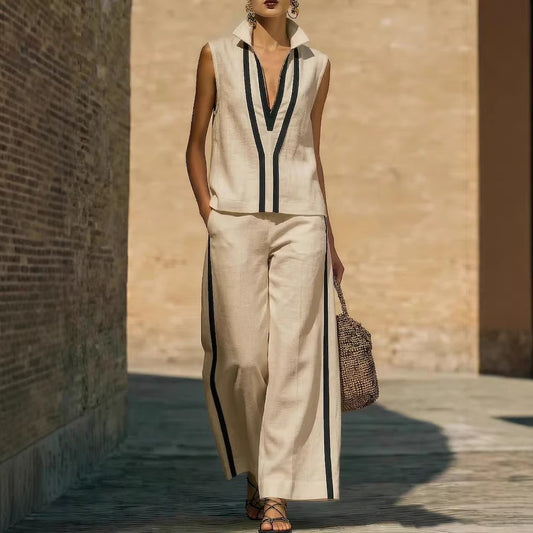 Womens Contrasting-Color Sleeveless Single-Breasted Vest And Drawstring Pants Set