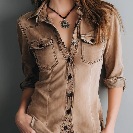 Retro Pleated Lapel Shirt Top Slimming And Figure-flattering