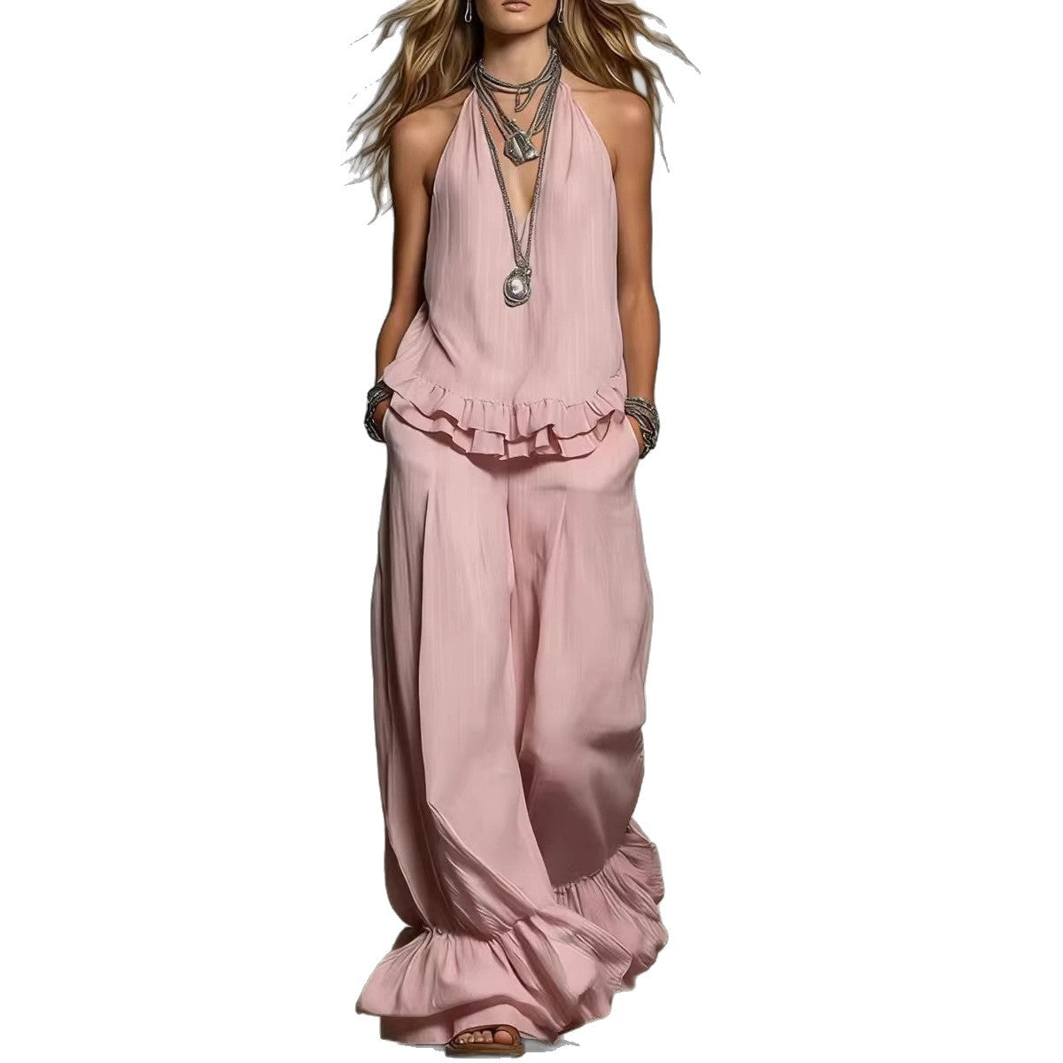 Women's Casual V-Neck Fashionable Ruffle Trim Set