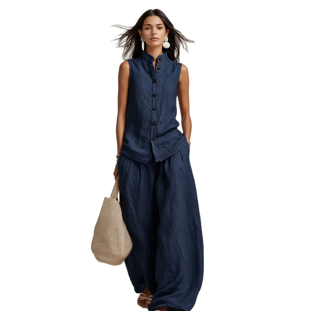Stand-up Collar Sleeveless Shirt And High-waisted Wide-leg Pants Set