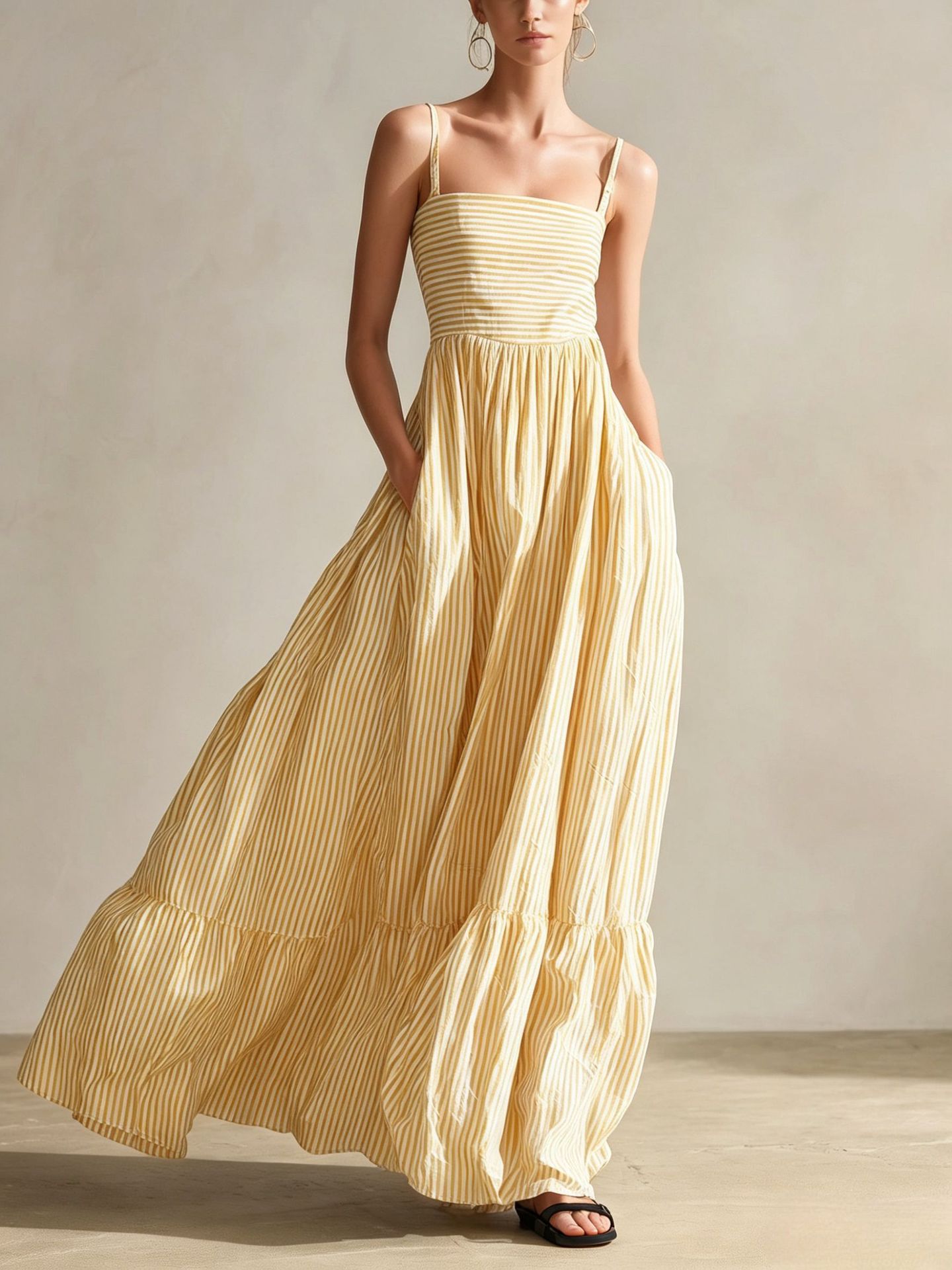 Striped Woven Sleeveless Long Dress With Thin Straps