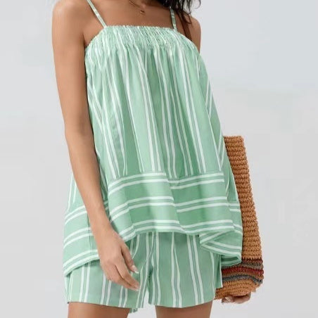 Striped Fresh Style Camisole And Ruched Shorts Set