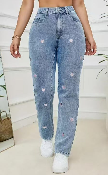 Affectionate Embroidered Straight-Leg Loose-Fit Stretch Womens Denim Trousers