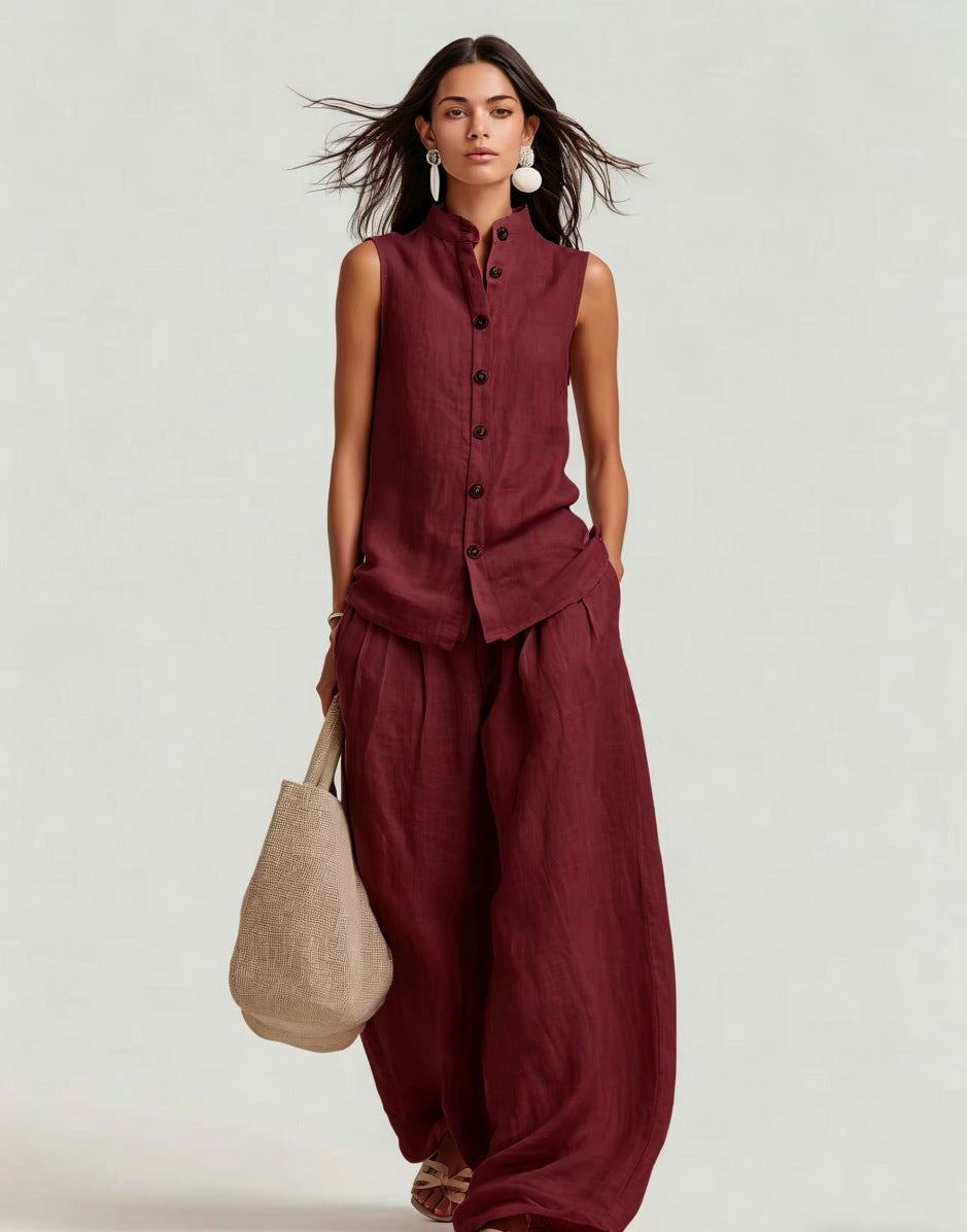Stand-up Collar Sleeveless Shirt And High-waisted Wide-leg Pants Set