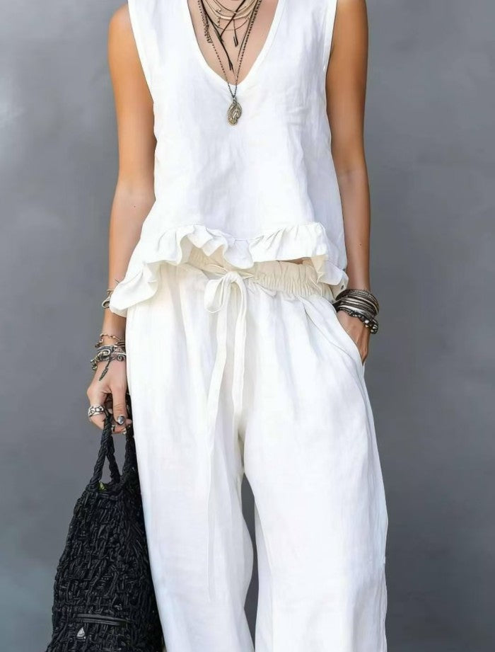 V-neck Sleeveless Ruffled Hem Dark Gray Casual Set
