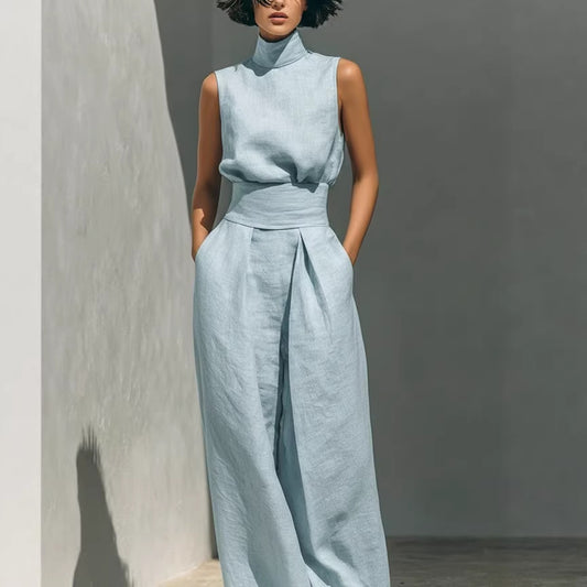 Womens Simple Cotton-Linen Blend Sleeveless Top And Wide-Leg Pants
