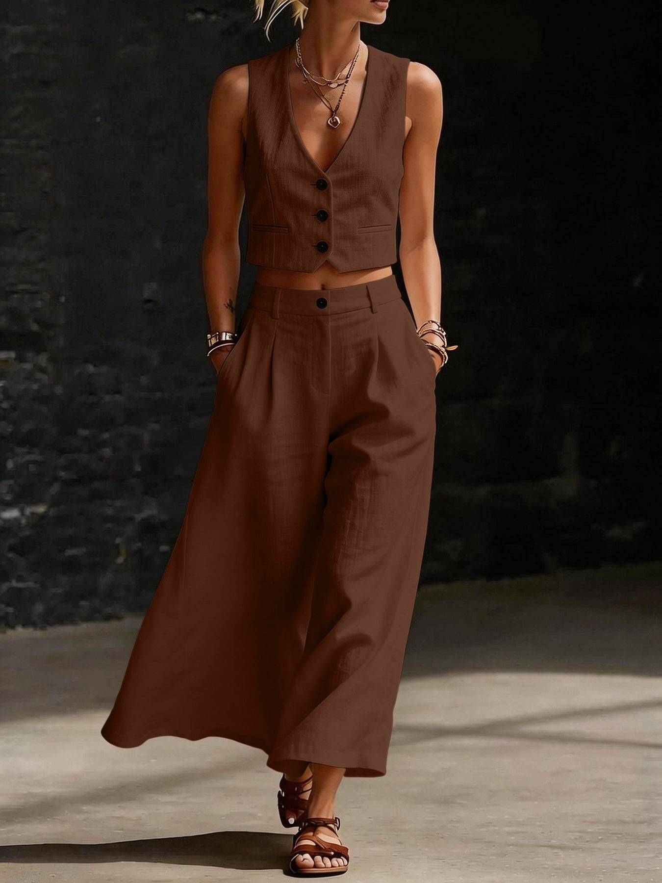 Womens Short V-Neck Vest And Wide-Leg Pants Set