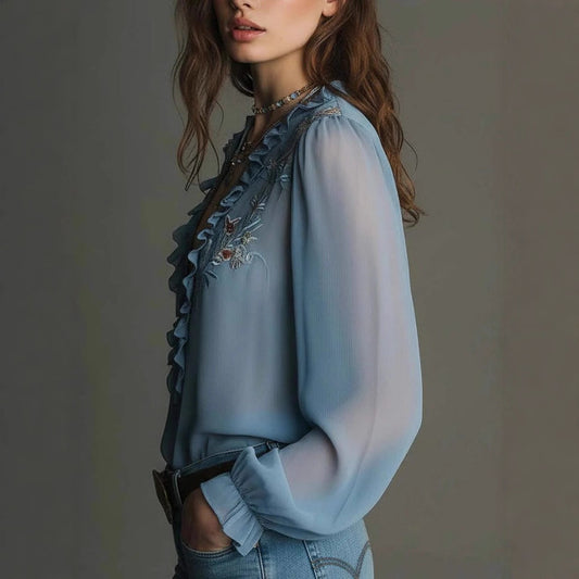 Embroidered Ruffle-Trimmed Zipper Chiffon Shirt For Women