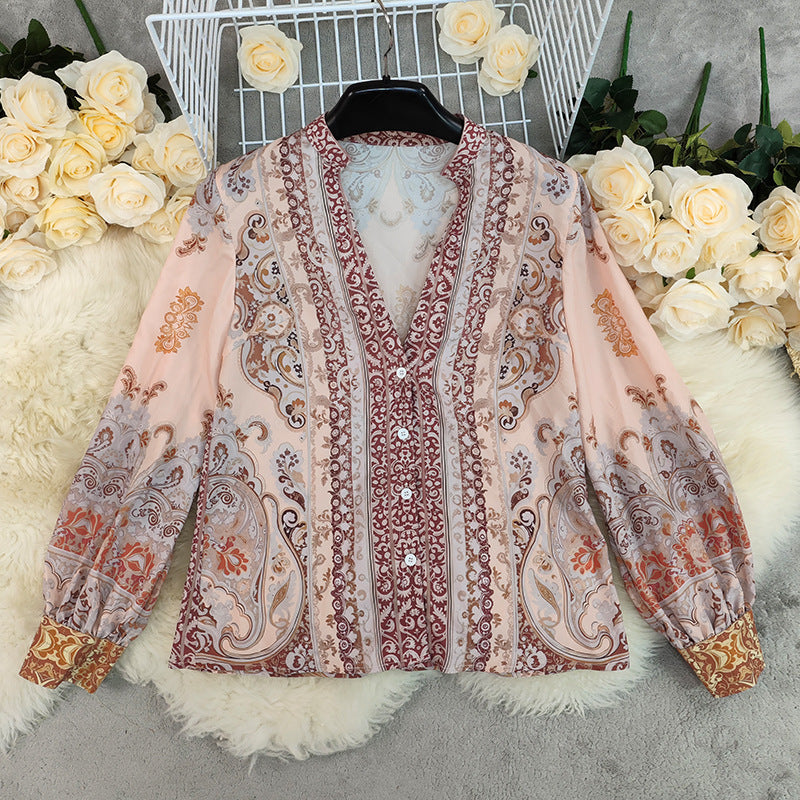 Womens Floral Printed Loose Figure-flattering BlouseShirt