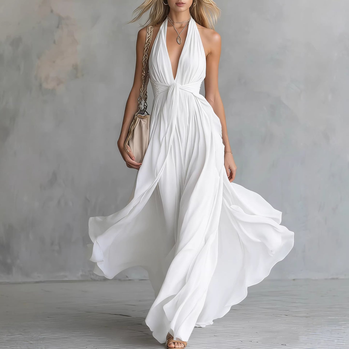 Solid-color V-neck Sleeveless Waist-cinching Dress
