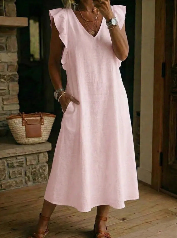 Womens Loose Cotton-Linen Suspender Dress With Ruffled Sleeves