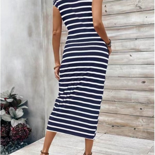 Waist Strap Striped Round Neck Short Sleeve And Long Pattern Dress