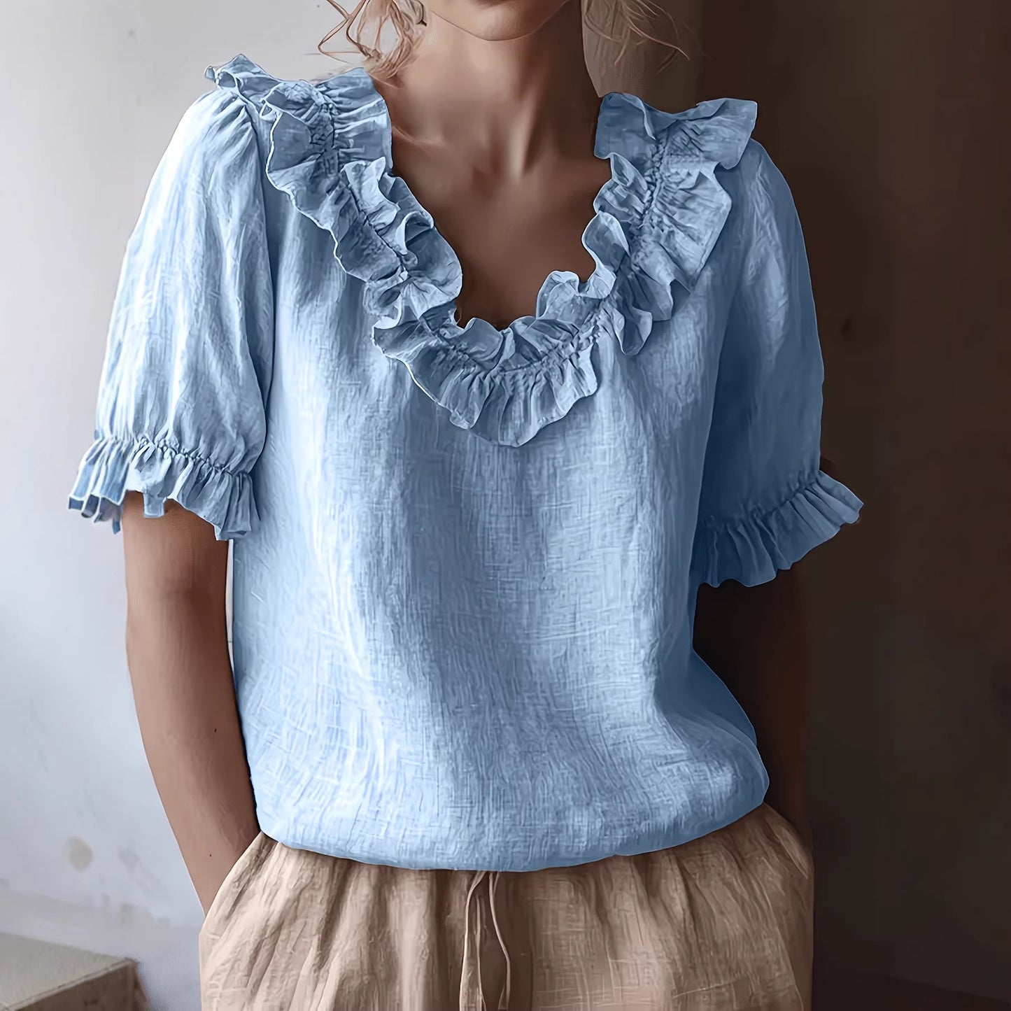 Women's Solid-Color Fashionable Casual Ruffle-Trimmed Crew-Neck Shirt