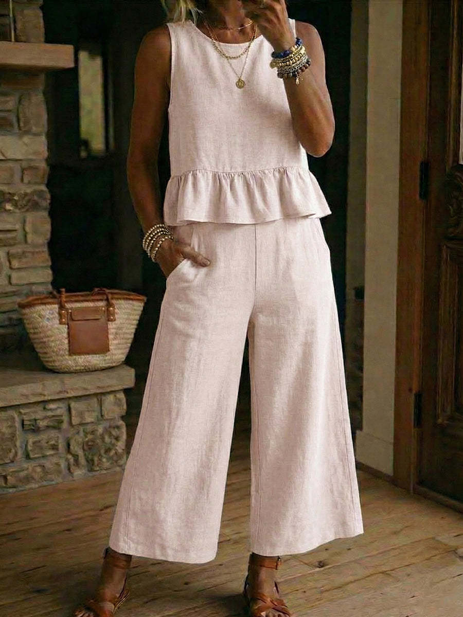 Womens Ruffled Hem Sleeveless Tank Top And Cropped Pants Cotton-Linen Set