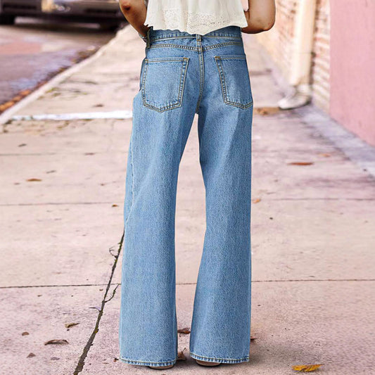 Tied-cord Denim High-waist Slim-fit Straight-leg Pants