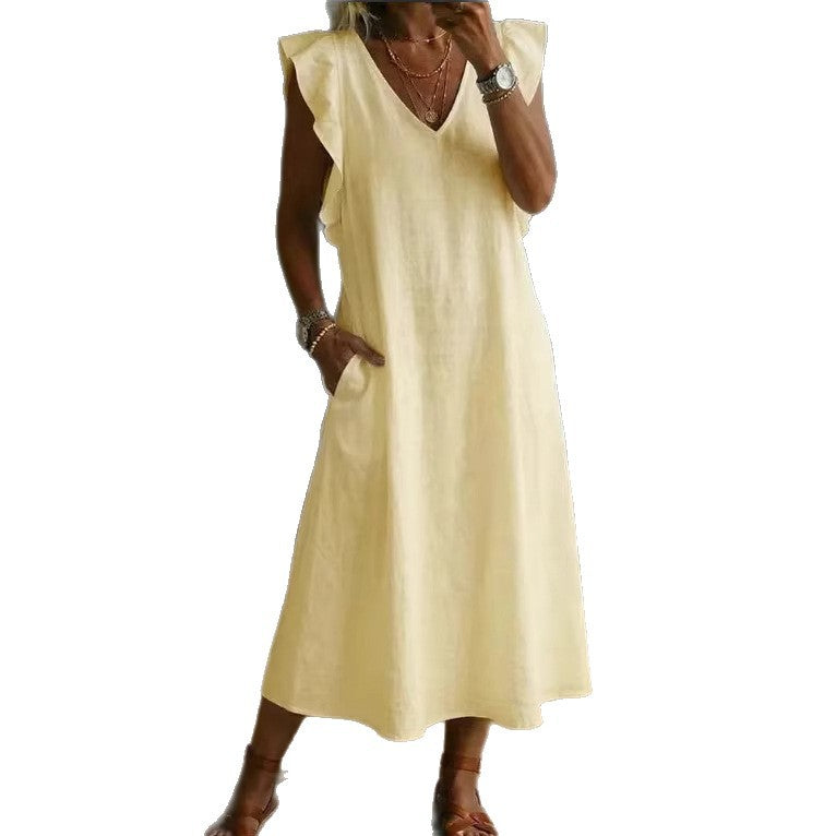Womens Loose Cotton-Linen Suspender Dress With Ruffled Sleeves