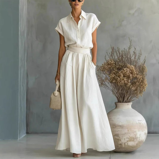 Fashionable Casual Solid-Colored Shirt And Wide-Leg Pants Two-Piece Set