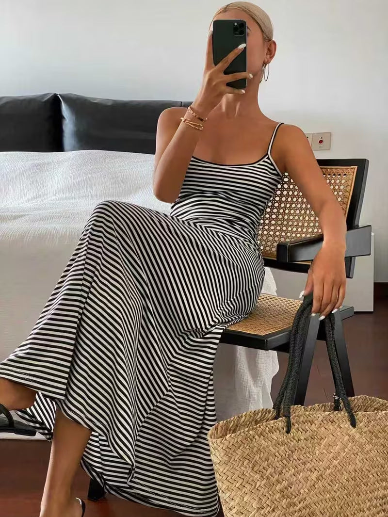Fashionable Short-Sleeve Tank Top Backless Striped Slip Dress
