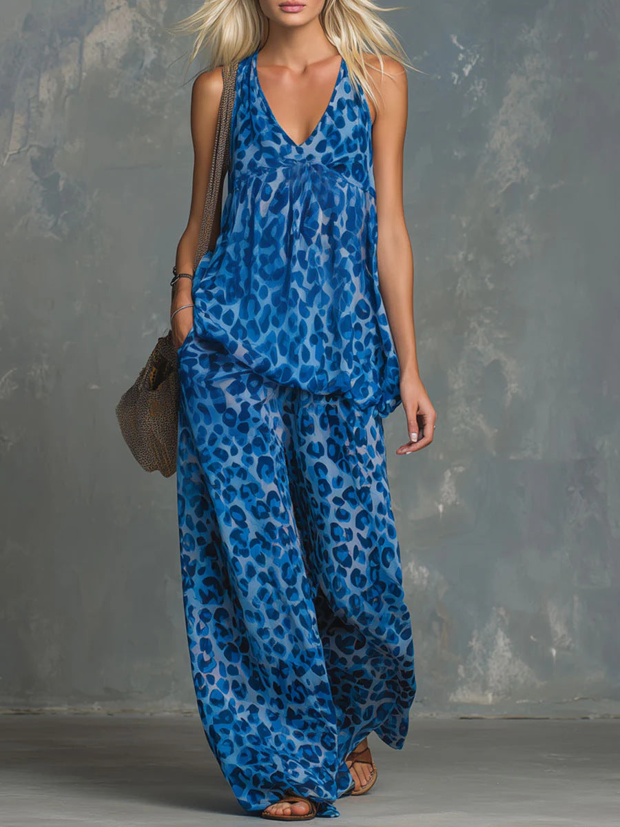 Womens Loose-Fitting Leopard-Print Sleeveless Top And Chiffon Pants Set