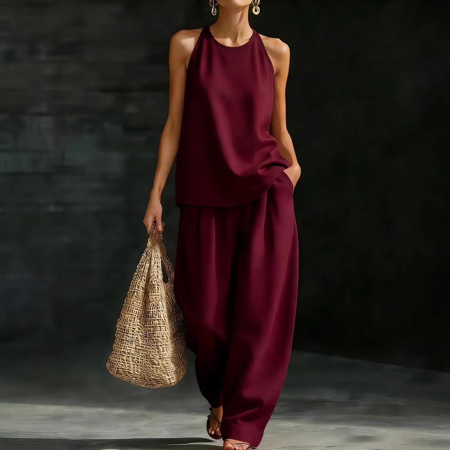 New Womens Crew-Neck Sleeveless Fashionable Casual Set