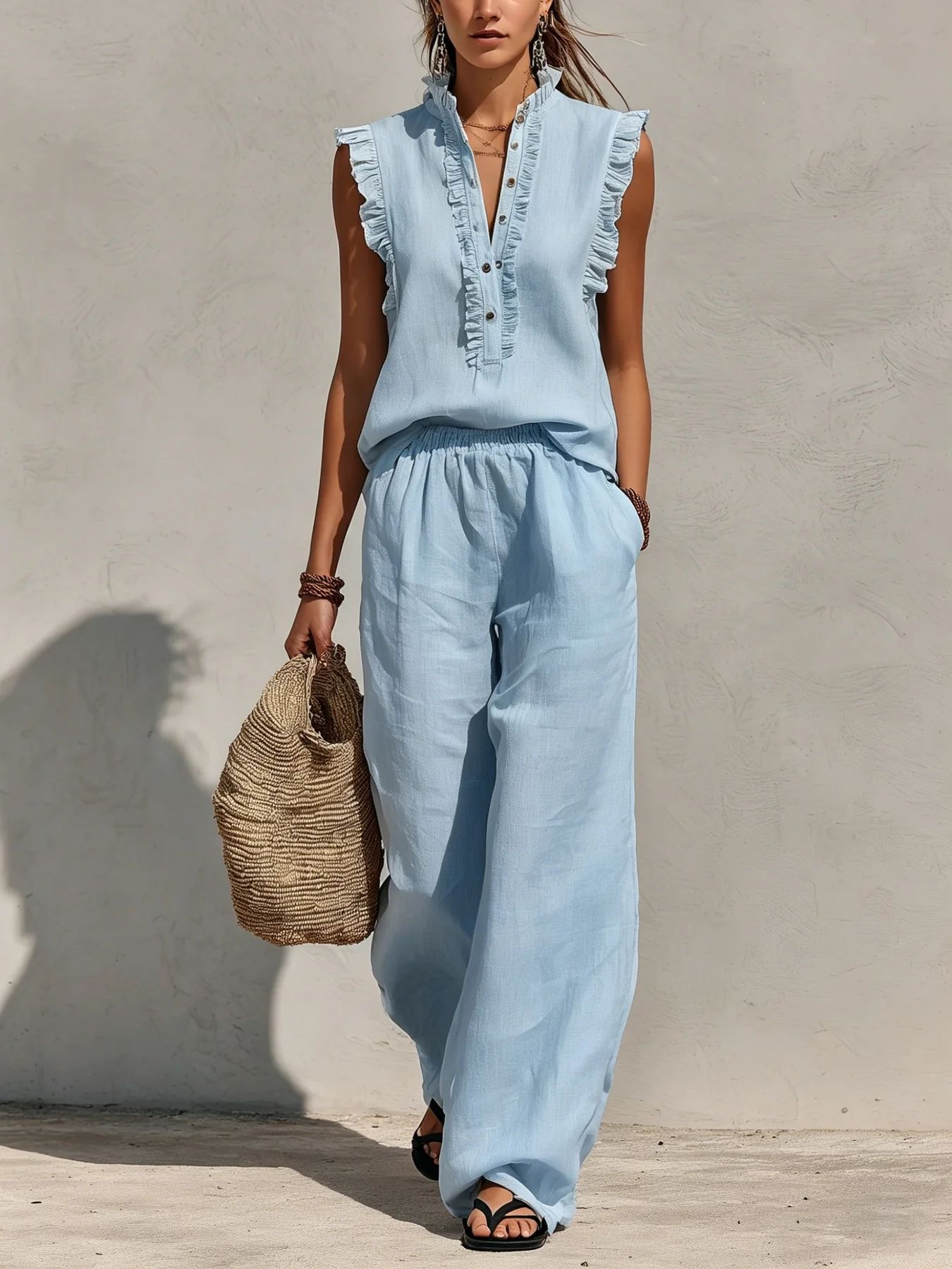Sleeveless Ruffled V-neck Top And Elastic-waist Wide-leg Pants